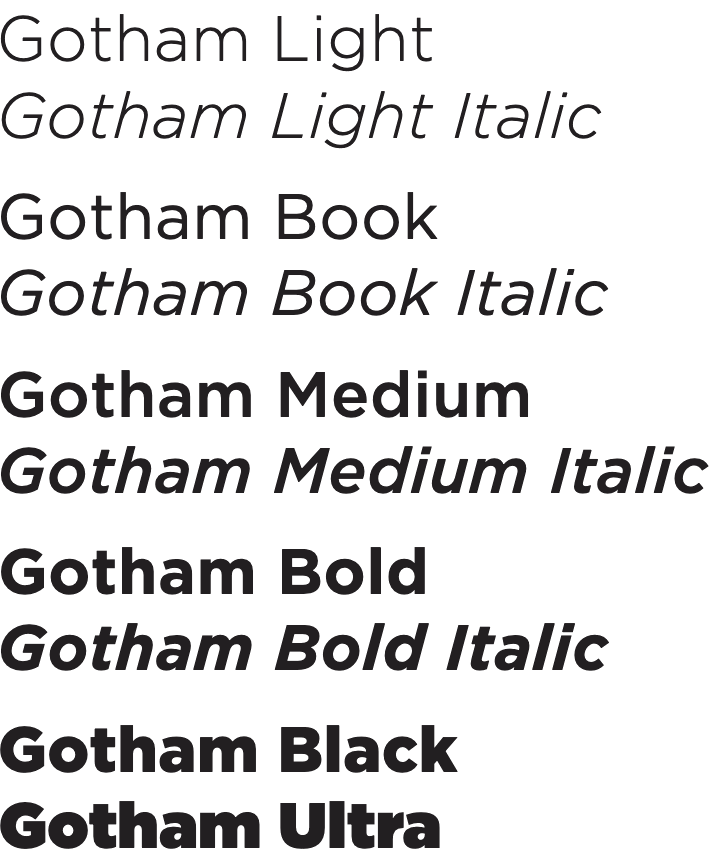 Examples of text in Gotham font showcasing its clean, geometric sans-serif character shapes across various weights from Light to Ultra.