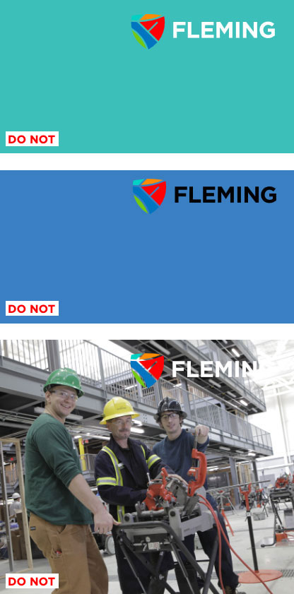 Examples of the Fleming logo incorrectly placed on low-contrast solid and photographic backgrounds.