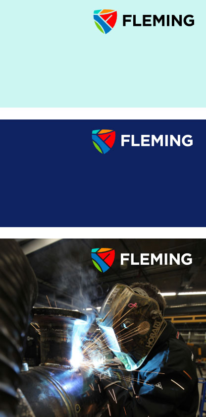 Examples of the Fleming logo correctly placed on high-contrast solid and photographic backgrounds.