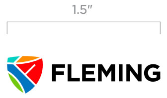 The Fleming logo lock-up with a dimension arrow indicating a minimum width of 1.5 inches.