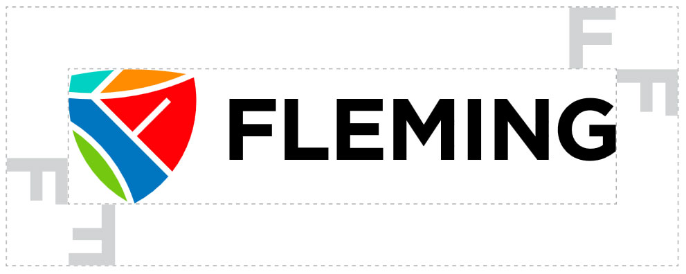 Diagram showing the Fleming logo surrounded by a shaded margin labeled 'F' to indicate the required minimum protected space.