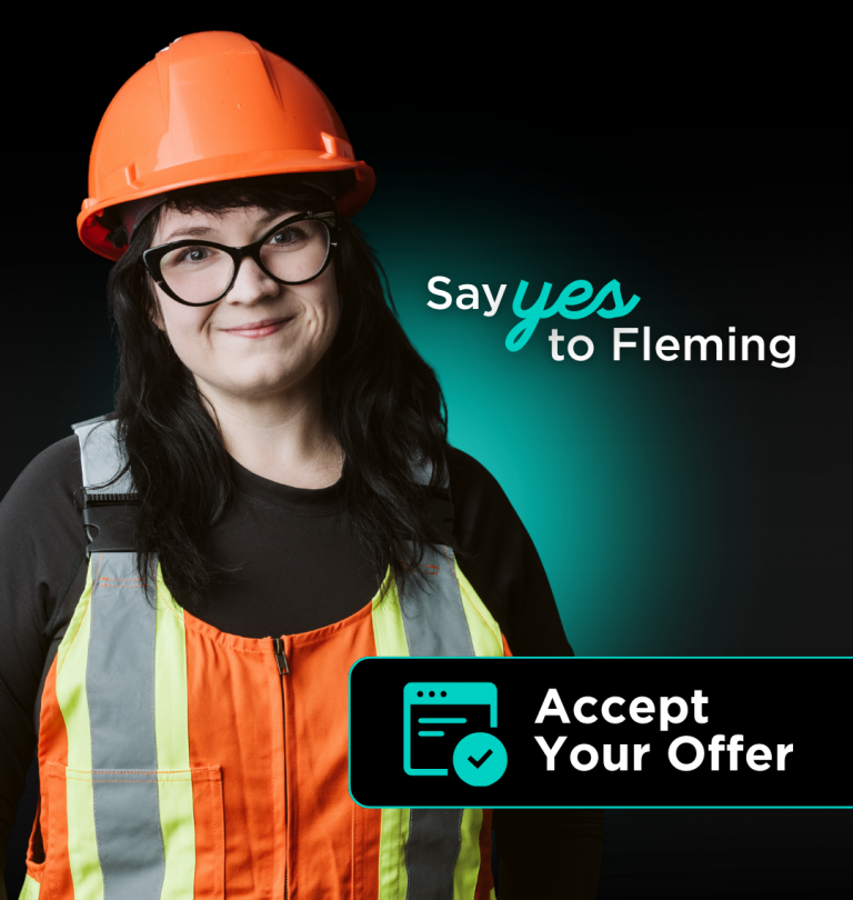 A woman wearing black glasses, an orange hard hat and overalls is smiling. Text says say yes to Fleming accept your offer.