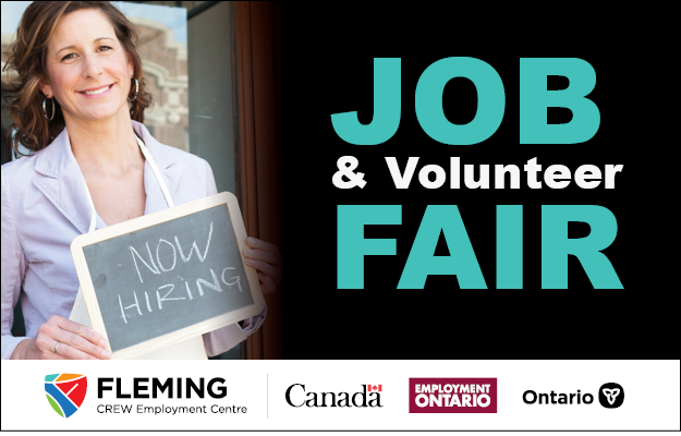 An image of a woman holding a 'now hiring' sign with text beside it saying Job and volunteer fair.