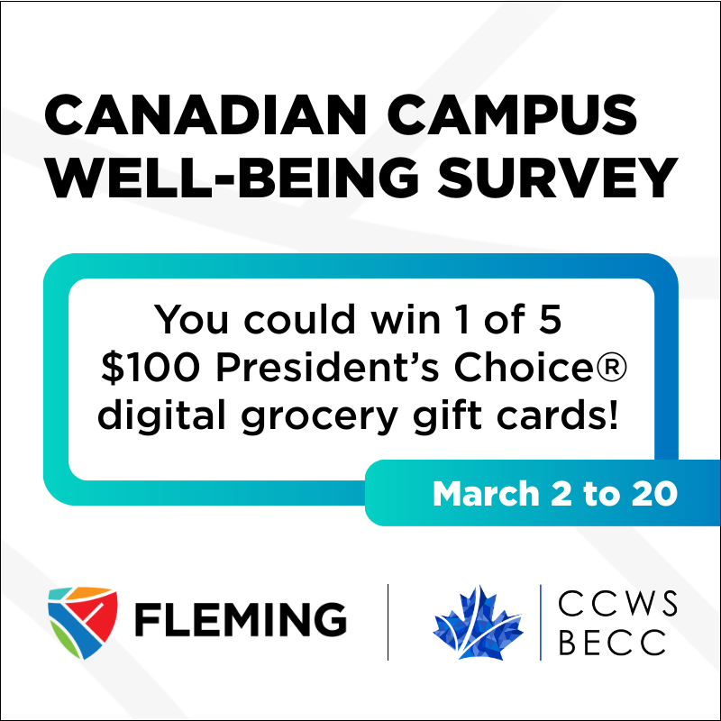 Text on a white background says canadian campus well-being survey. You could win one of 5 $100 grocery gift cards. Valid until March 20.