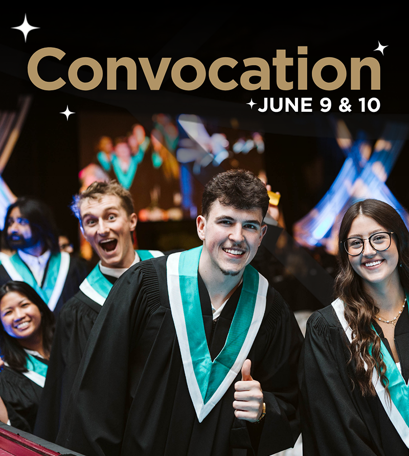 A group of graduates smiling. Gold text on black background says Convocation June 9 & 10