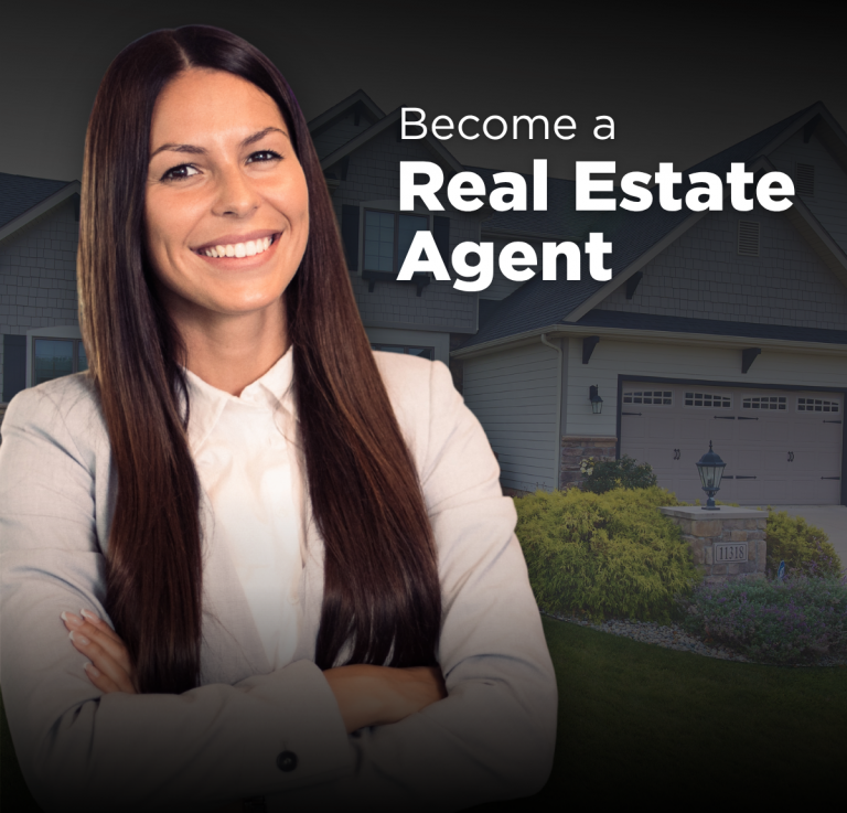 An image of a female dressed in a suit is standing in front of a nice home. Text says: Become a Real Estate Agent.