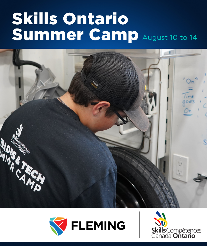 An image of a young male student mounting a tire on a rack. Text above it says: Skills Ontario Summer Camp, August 10-14 at Fleming College.