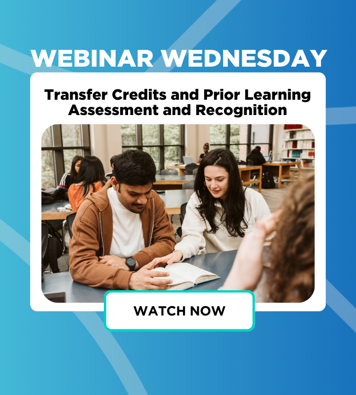 Webinar Wednesday graphic that has text that says "transfer credits and Prior Learning Assessment and Recognition"