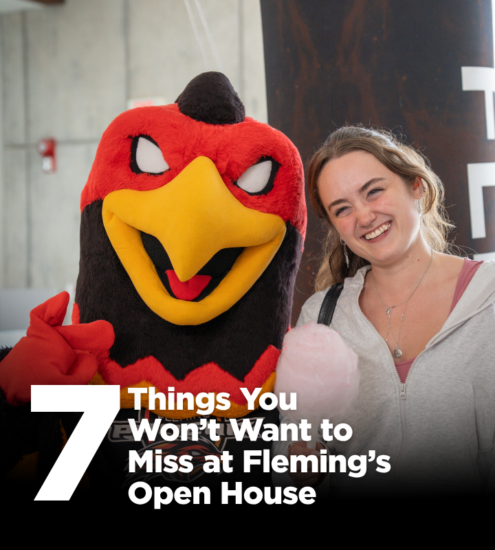 An image of a student with the fleming phoenix mascot, a text overlay reads "7 Things You Won't Want to Miss at Fleming's Open House"